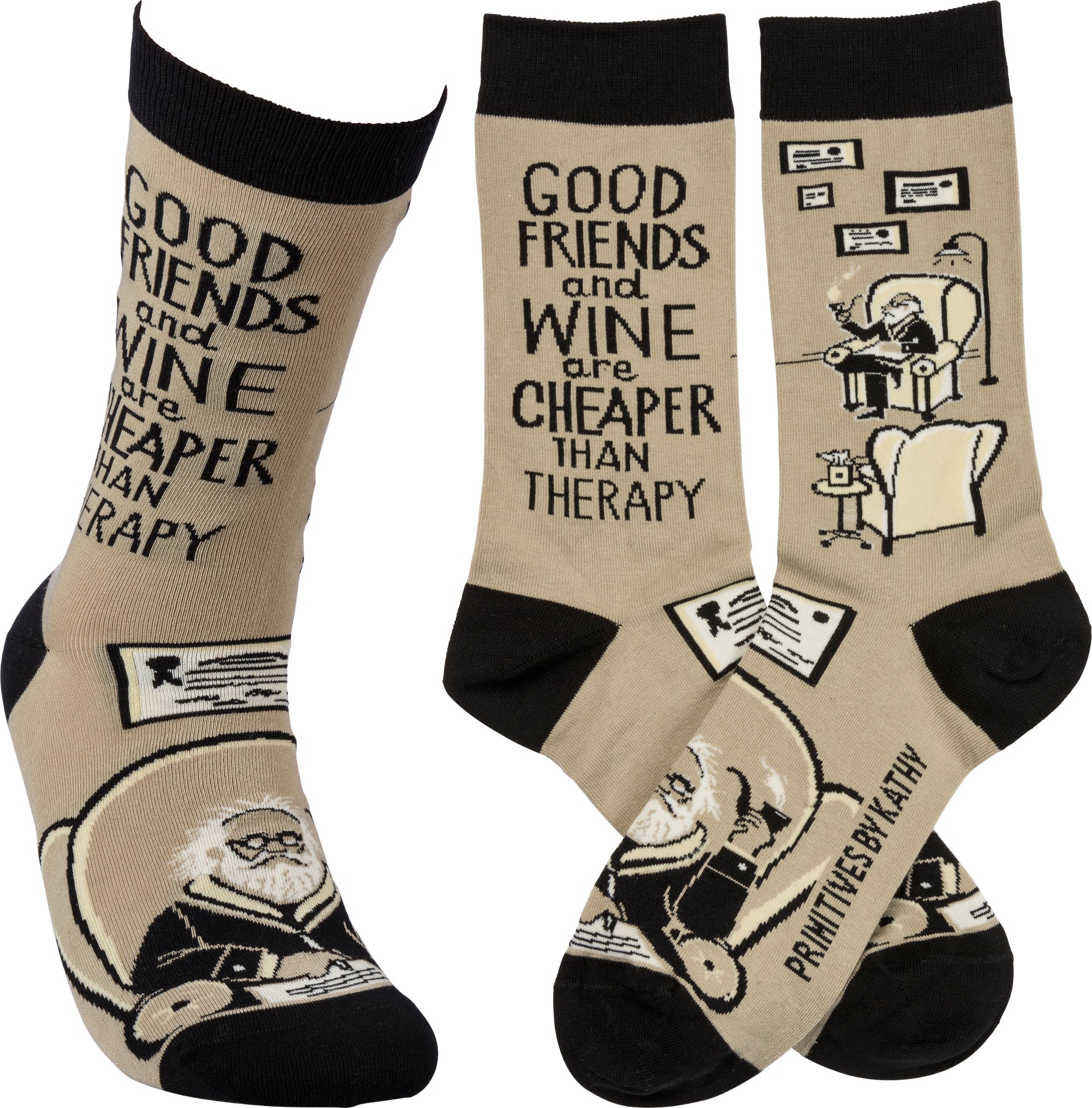 "Friends and Wine are Cheaper Than Therapy" Socks