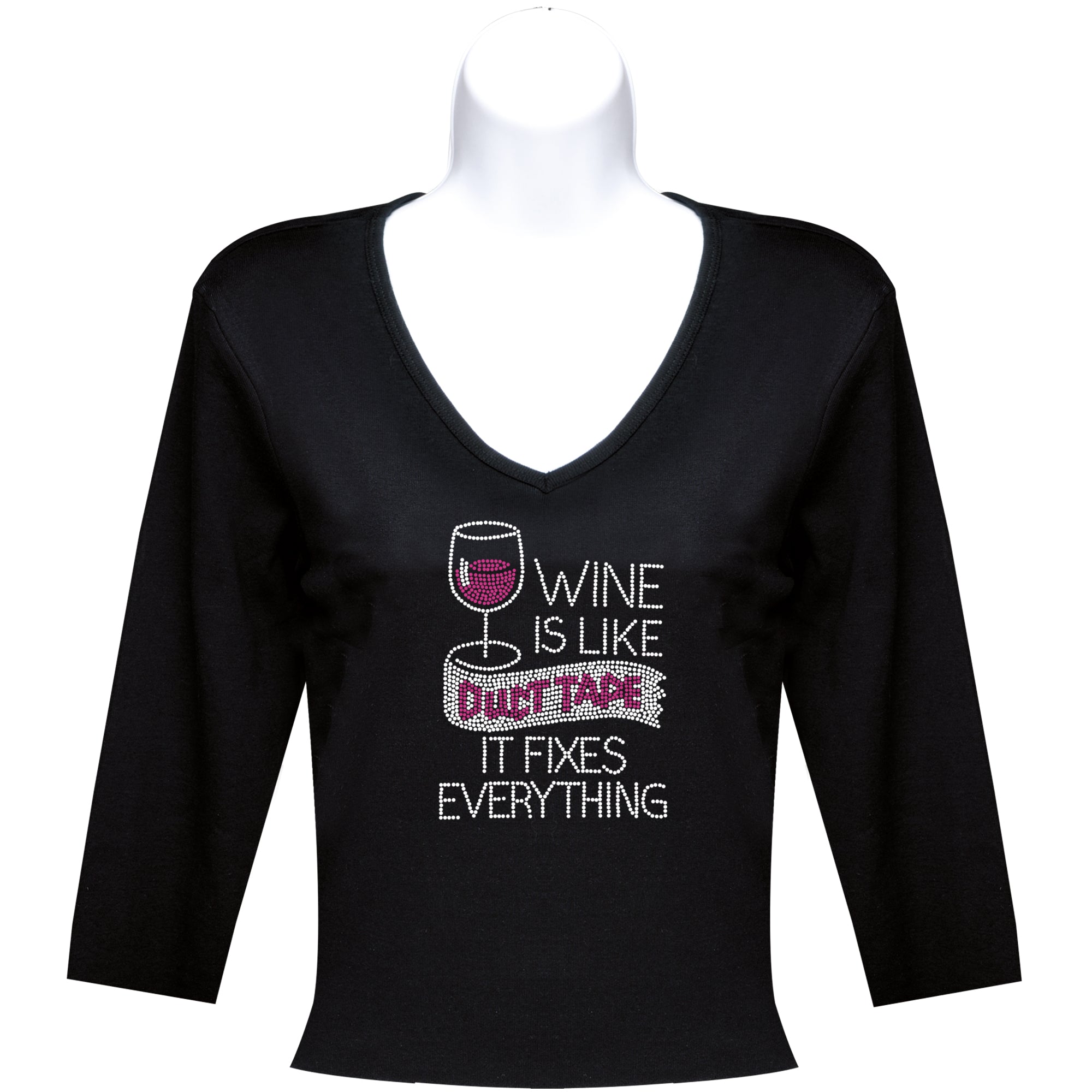 Rhinestone 3/4 Sleeve V-Neck Wine Shirts (Multiple Shirt Wordings To Choose From)