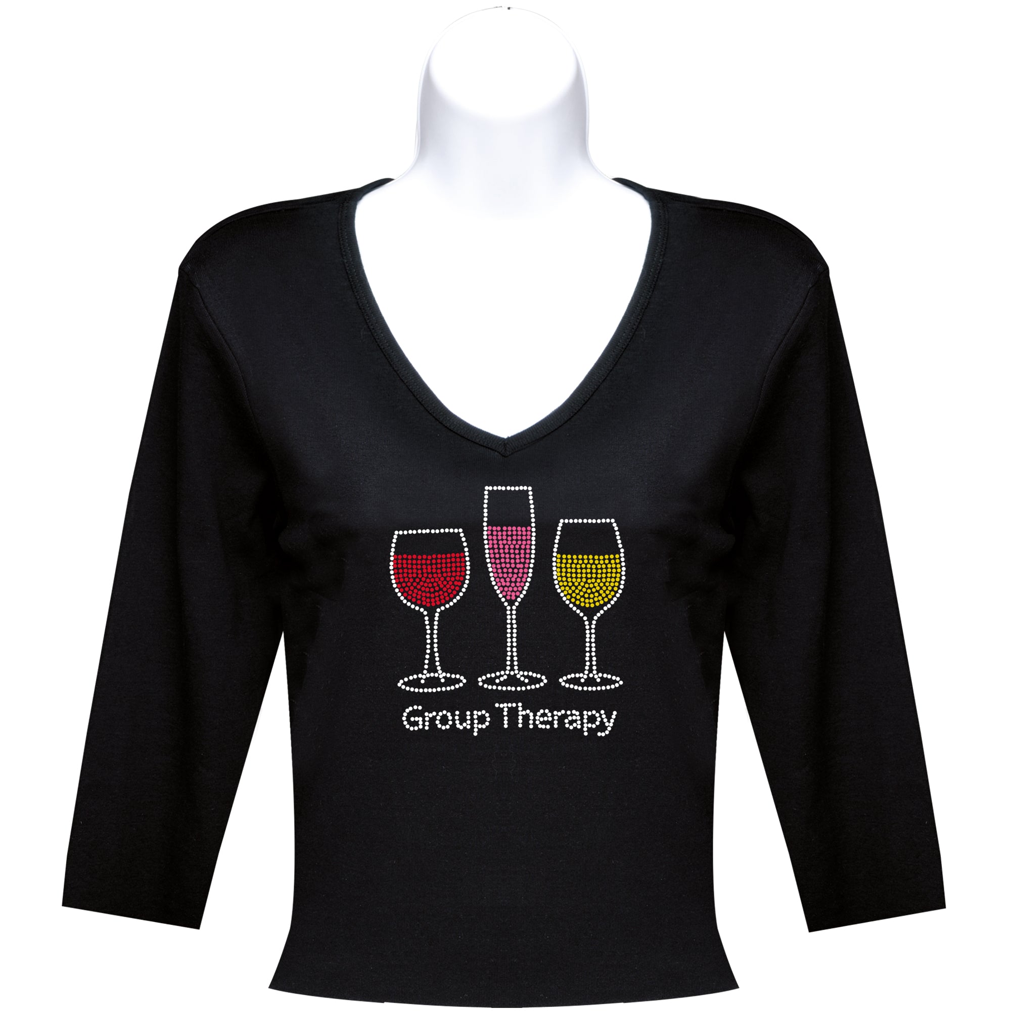 Rhinestone 3/4 Sleeve V-Neck Wine Shirts (Multiple Shirt Wordings To Choose From)