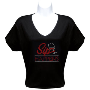 Rhinestone Short Sleeve V-Neck Wine Shirts (Multiple Shirt Wordings to Choose From)