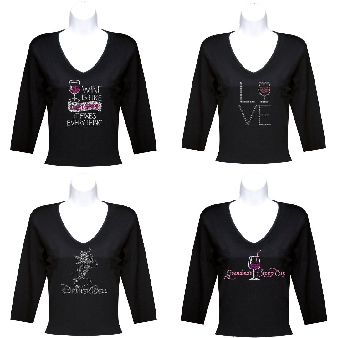 Rhinestone 3/4 Sleeve V-Neck Wine Shirts (Multiple Shirt Wordings To Choose From)