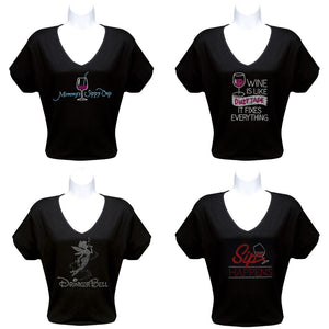 Rhinestone Short Sleeve V-Neck Wine Shirts (Multiple Shirt Wordings to Choose From)